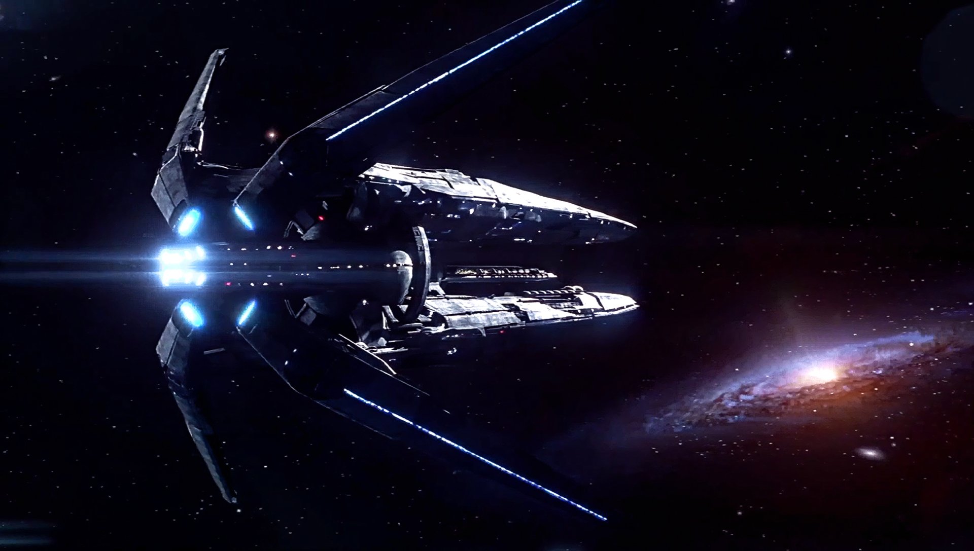 A high-definition desktop wallpaper featuring a starship from the video game Mass Effect: Andromeda, set against a cosmic backdrop with bright lights and distant galaxies.