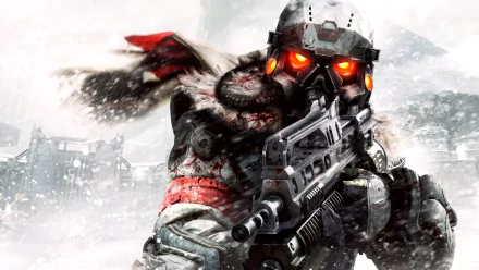 Killzone 3 video game HD PC desktop wallpaper: armored soldier in snowy battlefield, glowing orange visor eyes, gas mask, red scarf and heavy rifle aimed at the viewer.