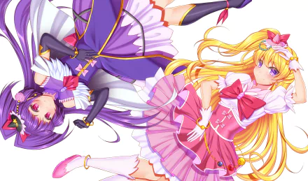 HD PC desktop wallpaper and background of two Maho Girls PreCure! anime heroines in colorful magical-girl outfits—one in pink and gold, one in purple—posing against a white background.