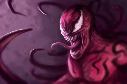 A dynamic HD desktop wallpaper featuring Carnage from Marvel Comics, showcasing his menacing expression and swirling tendrils against a dark, moody background.