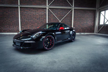 Black Porsche 911 Carrera parked in an industrial-style garage, showcased in a 4K Ultra HD PC desktop wallpaper and background.