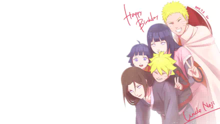 HD desktop wallpaper featuring Naruto Uzumaki, Neji Hyūga, Boruto Uzumaki, Himawari Uzumaki, and Hinata Hyuga from the anime Boruto. The characters are posing together with cheerful expressions.