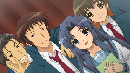 HD anime desktop wallpaper featuring Haruhi Suzumiya characters Taniguchi, Kunikida, Kyon, and Ryōko Asakura from The Melancholy of Haruhi Suzumiya.