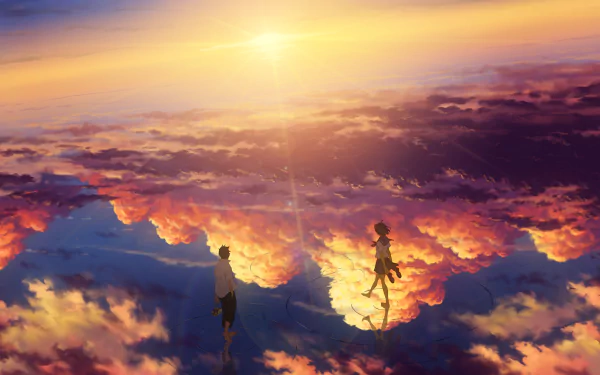 A stunning anime scene of two figures walking on clouds at sunset, surrounded by vibrant colors and a serene sky. This HD wallpaper captures a dreamlike atmosphere.