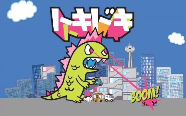 HD PC desktop wallpaper featuring a man-made Tokidoki-style cityscape with a green monster shooting laser beams, causing destruction and a colorful BOOM! explosion.