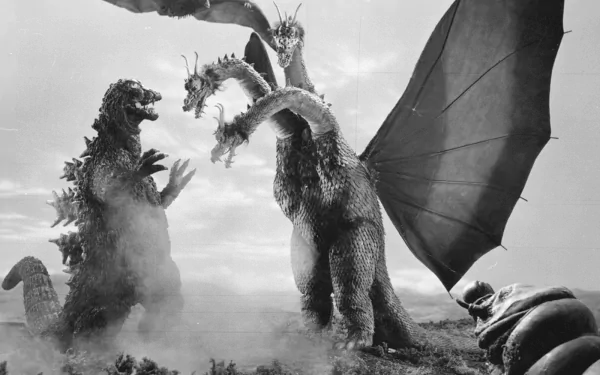 Black-and-white movie HD PC desktop wallpaper: Godzilla clashes with Ghidorah, the Three-Headed Monster, wings unfurled over a smoke-filled landscape.