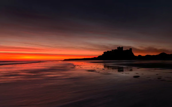 orange (Color) horizon sunset beach silhouette castle England man made Bamburgh Castle HD Desktop Wallpaper | Background Image