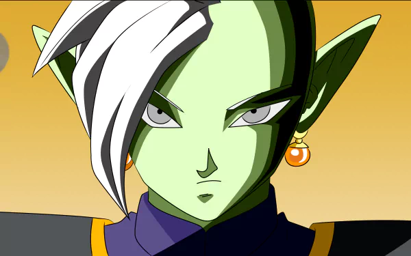 HD desktop wallpaper featuring Zamasu from Dragon Ball Super. The anime character has green skin, white hair, and orange earrings, set against a gradient background.