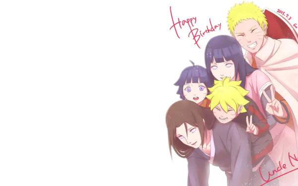 HD desktop wallpaper featuring Naruto Uzumaki, Neji Hyūga, Boruto Uzumaki, Himawari Uzumaki, and Hinata Hyuga from the anime Boruto. The characters are posing together with cheerful expressions.