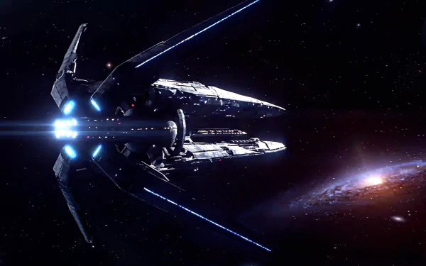 A high-definition desktop wallpaper featuring a starship from the video game Mass Effect: Andromeda, set against a cosmic backdrop with bright lights and distant galaxies.