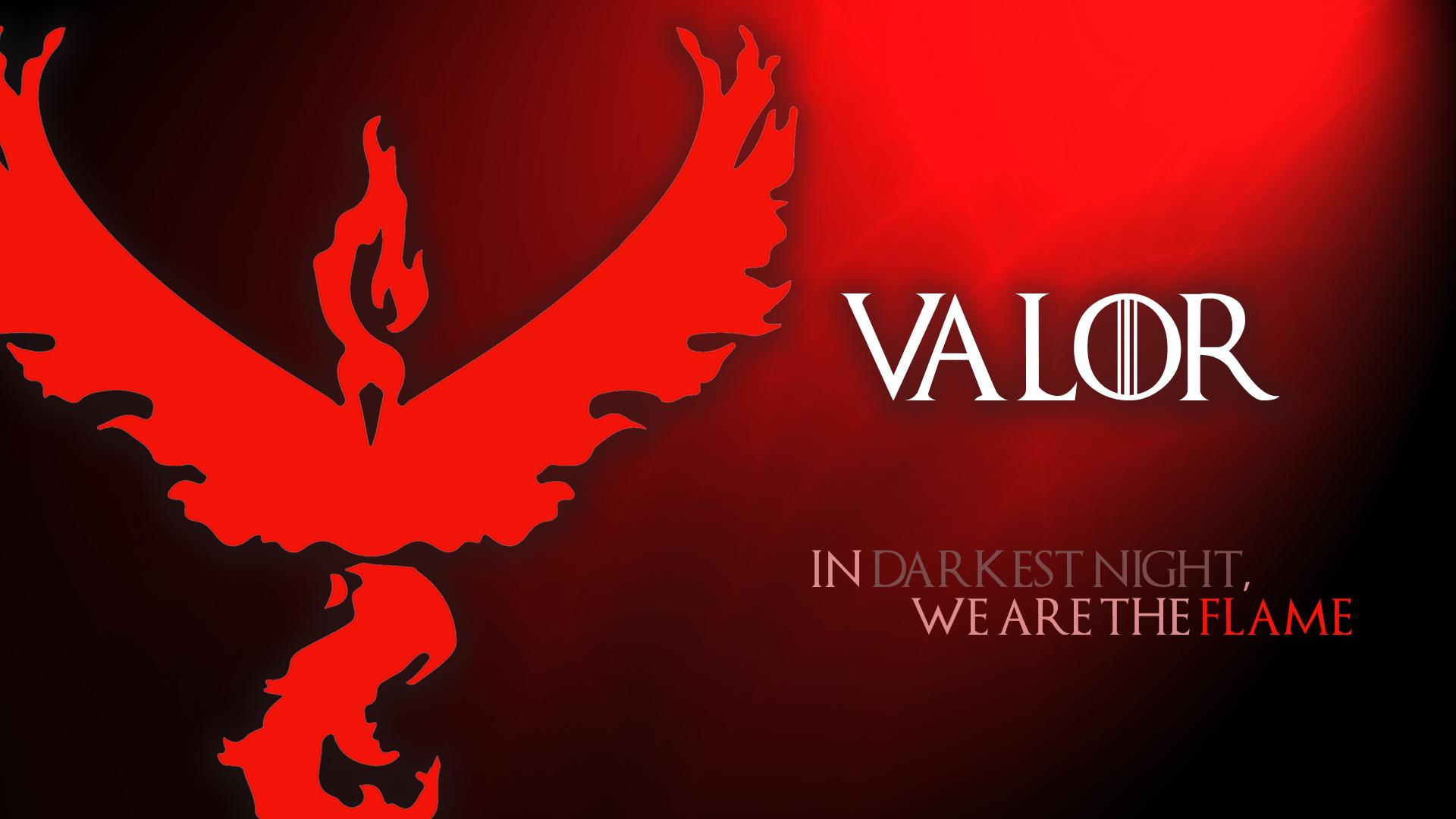 HD desktop wallpaper featuring Pokémon GO's Team Valor emblem with the motto In darkest night, we are the flame on a red gradient background.