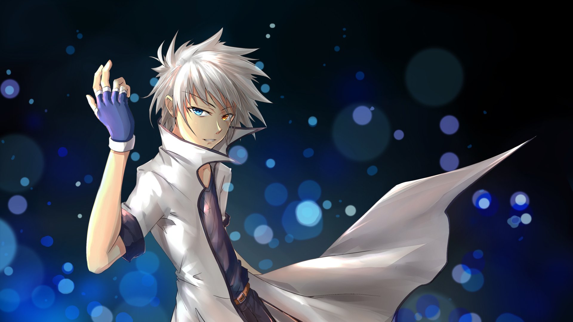 HD anime original artwork of a silver-haired character with a flowing coat and confident expression, set against a dark, glowing bokeh background for a PC desktop wallpaper.