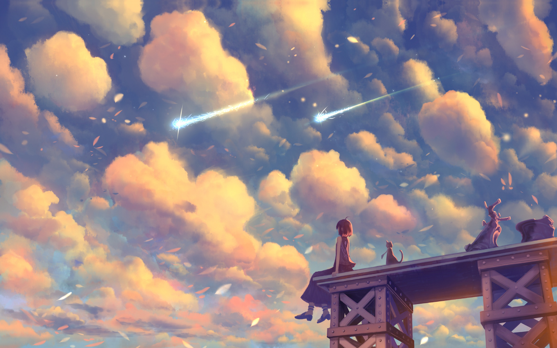 A serene anime scene featuring a character on a dock under a vibrant sky filled with fluffy clouds and shooting stars, serving as an original HD PC desktop wallpaper and background.