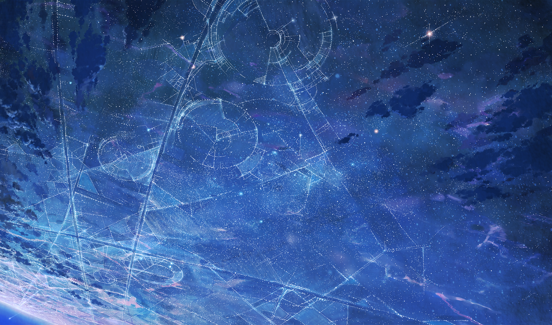 HD anime original desktop wallpaper featuring a starry night sky with glowing celestial patterns and constellations over a deep blue cosmic background.