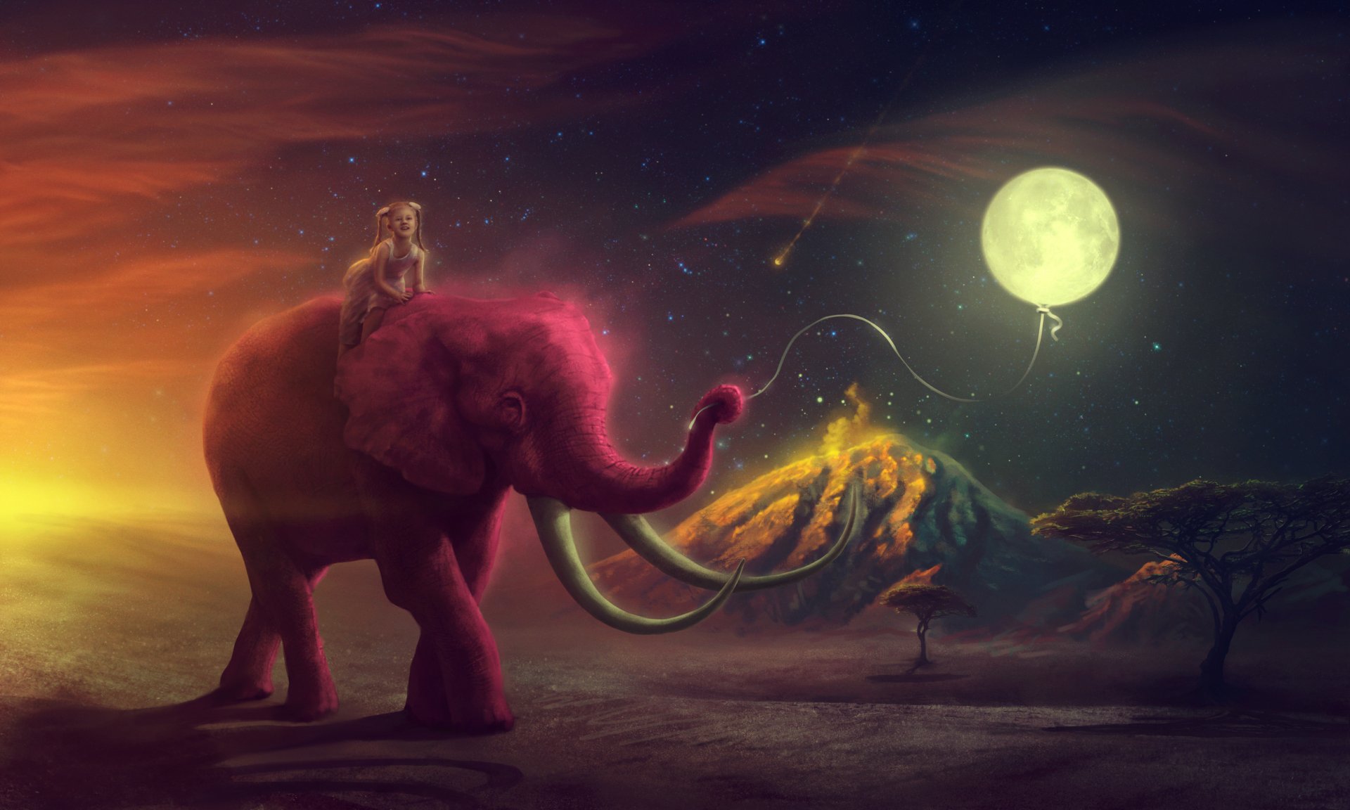 Fantasy-themed HD PC desktop wallpaper featuring a glowing pink elephant with a rider under a full moon and a vibrant, mystical landscape.