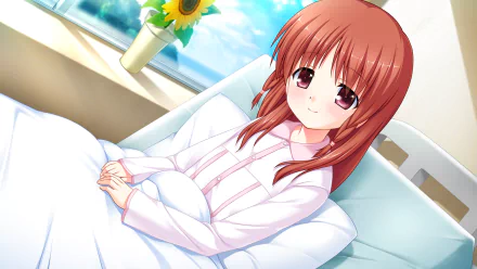 HD PC desktop wallpaper featuring Hatsune Otonashi from Angel Beats! sitting on a bed with a sunflower in the background.