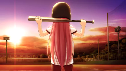 HD PC desktop wallpaper featuring Yui from Angel Beats! standing on a baseball field at sunset, holding a bat behind her shoulders in an anime-style background.