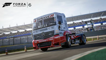 HD PC desktop wallpaper and background: Mercedes racing truck speeding on the track from the video game Forza Motorsport 6, sporting sponsor liveries and a packed grandstand.