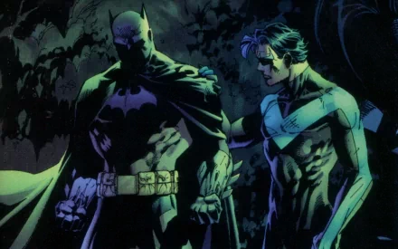 HD desktop wallpaper featuring Bruce Wayne as Batman and Dick Grayson as Nightwing in a forest setting, inspired by the comic series. Batman and Nightwing stand side by side, suggesting camaraderie and teamwork.