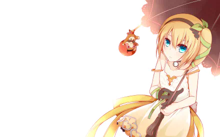 Edna from Tales of Zestiria the X holds an umbrella, surrounded by soft colors and whimsical elements. This HD wallpaper captures her charming, anime-inspired essence.