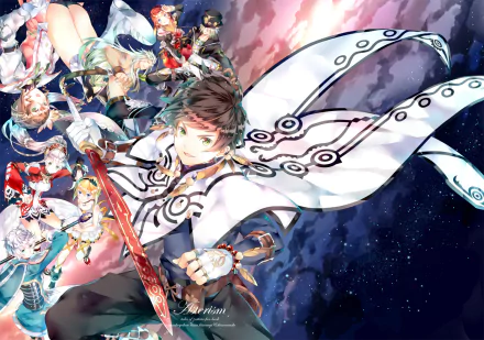 HD wallpaper featuring characters from Tales of Zestiria the X, including Sorey, Mikleo, Lailah, Alisha, and more, set against a vibrant cosmic background.