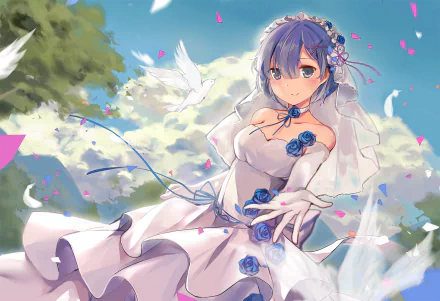 An HD desktop wallpaper featuring Rem from Re:Zero - Starting Life in Another World. She has blue hair, blue eyes, and is wearing a white dress adorned with blue flowers, set against a bright, vibrant background.