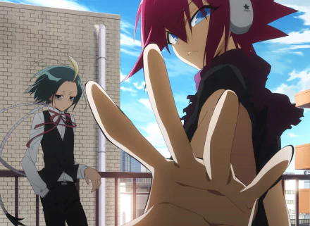 HD desktop wallpaper featuring Shimon Ikaruga and Seigen Amawaka from the anime Sousei no Onmyouji (Twin Star Exorcists), with a cityscape background and blue sky.