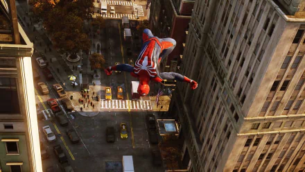 Spider-Man swings through New York City amid tall buildings in this HD desktop wallpaper and background from the video game, Spider-Man (PS4).