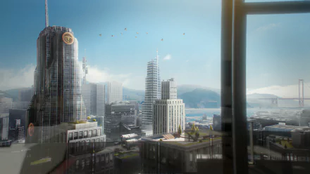 HD PC desktop wallpaper/background for Prey (video game): sunlit futuristic cityscape seen from a high-rise window, glass skyscrapers and a distant harbor.