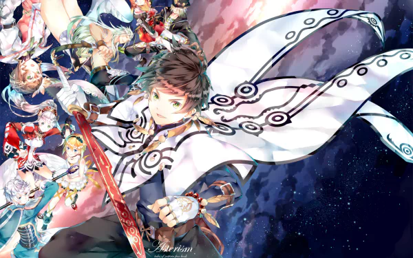 HD wallpaper featuring characters from Tales of Zestiria the X, including Sorey, Mikleo, Lailah, Alisha, and more, set against a vibrant cosmic background.