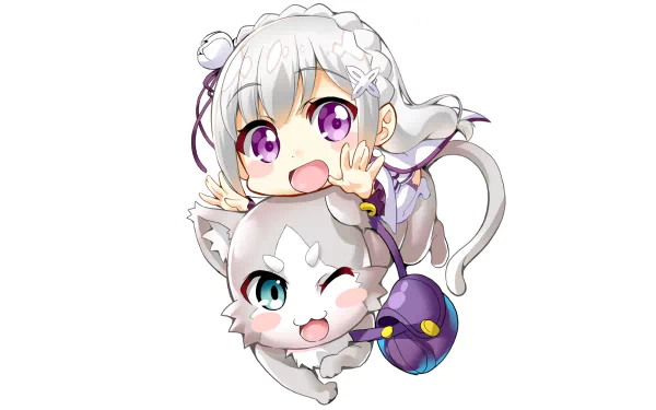 Chibi illustration of Emilia and Pack from Re:Zero - Starting Life in Another World, with Emilia posing cheerfully above Pack. HD desktop wallpaper and background.