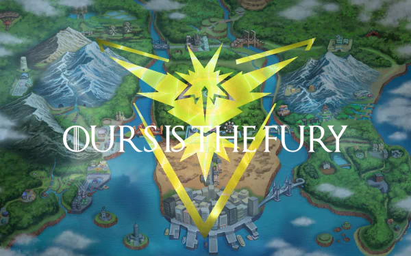 A vibrant 4K Ultra HD wallpaper featuring Team Instinct from Pokémon Go, showcasing the striking yellow logo against a detailed map background with dynamic landscapes.