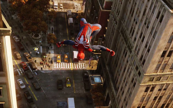 Spider-Man swings through New York City amid tall buildings in this HD desktop wallpaper and background from the video game, Spider-Man (PS4).