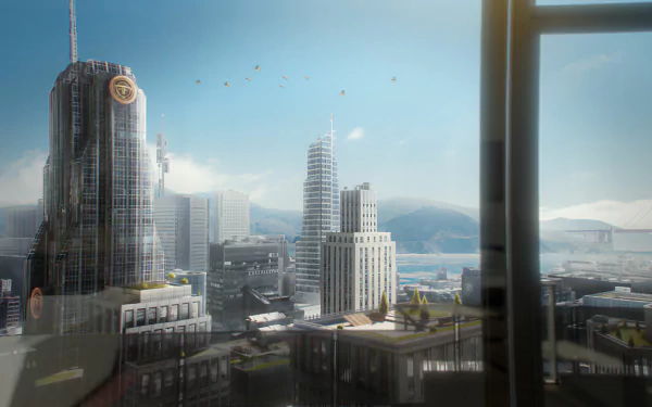 HD PC desktop wallpaper/background for Prey (video game): sunlit futuristic cityscape seen from a high-rise window, glass skyscrapers and a distant harbor.