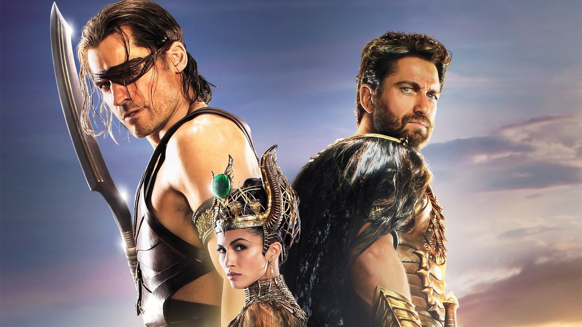 HD PC desktop wallpaper featuring characters from the movie Gods of Egypt, showcasing three central figures in dramatic, ancient Egyptian-inspired costumes.