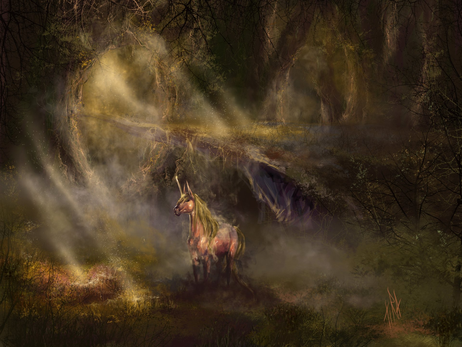 A majestic unicorn stands in a mystical forest bathed in golden light, rendered in 4K Ultra HD for a fantasy PC desktop wallpaper.