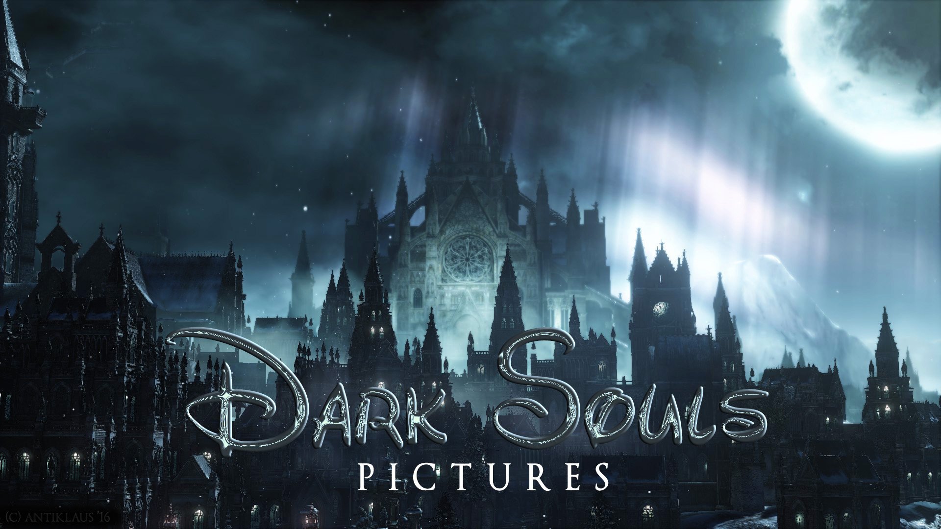 HD desktop wallpaper featuring a dark, atmospheric landscape from Dark Souls III, showcasing a majestic, eerie castle against a moonlit sky.