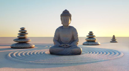 A serene Buddha statue sits on a tranquil sand surface, surrounded by carefully stacked stones, creating a peaceful, meditative atmosphere in this HD desktop wallpaper.