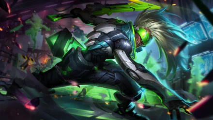 HD desktop wallpaper featuring the character Ekko from the video game League of Legends in a dynamic action pose with vibrant colors and futuristic elements.