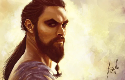 A striking HD desktop wallpaper featuring Drogo from Game of Thrones, showcasing his intense gaze and warrior demeanor against a soft, warm background.