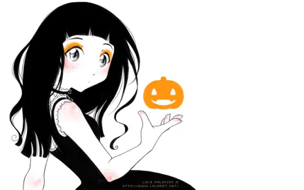 HD PC desktop wallpaper and background: anime girl in a black dress holds a glowing jack-o'-lantern on a white backdrop — Halloween holiday theme.