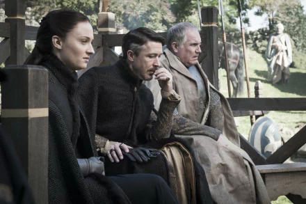 HD desktop wallpaper featuring Sophie Turner as Sansa Stark and Aidan Gillen as Petyr Baelish from the TV show Game of Thrones.