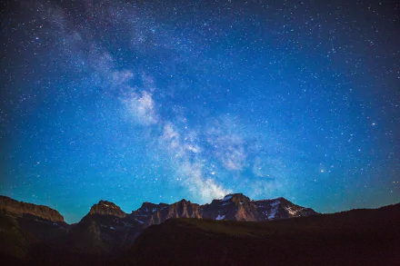 A breathtaking view of the Milky Way stretching across a starry sky above the mountains in Glacier National Park, Montana. This stunning scene captures the beauty of nature at night.