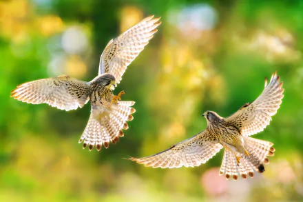 HD desktop wallpaper of two kestrels in flight with detailed feathers set against a soft bokeh background of green and yellow hues.