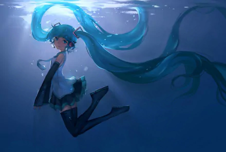 Hatsune Miku with blue twintails and blue eyes floats underwater in a skirt, illuminated by soft light in this HD anime Vocaloid desktop wallpaper.