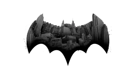 Batman logo silhouette filled with a grayscale Gotham City skyline — HD PC desktop wallpaper background for the video game Batman: The Telltale Series