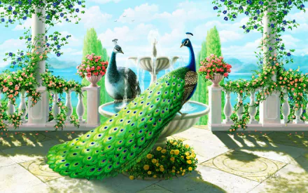 A vibrant HD painting of two peacocks by a fountain in a lush garden, surrounded by flowers and greenery, making it an exquisite desktop wallpaper and background.