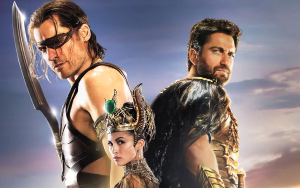 HD PC desktop wallpaper featuring characters from the movie Gods of Egypt, showcasing three central figures in dramatic, ancient Egyptian-inspired costumes.