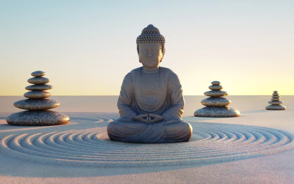 A serene Buddha statue sits on a tranquil sand surface, surrounded by carefully stacked stones, creating a peaceful, meditative atmosphere in this HD desktop wallpaper.