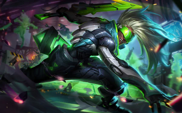 HD desktop wallpaper featuring the character Ekko from the video game League of Legends in a dynamic action pose with vibrant colors and futuristic elements.